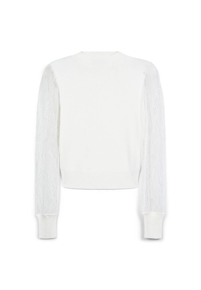 Weißer Pullover mit langen, durchsichtigen Spitzenärmeln und gerippten Bündchen. Der Körper ist einfarbig weiß und zeichnet sich durch eine glatte Textur und ein figurbetontes Design aus.