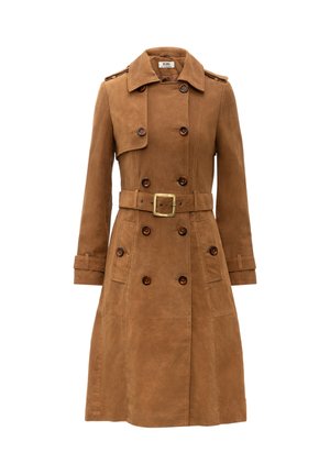 Brauner Wildleder-Doppelreiher-Trenchcoat mit Knopfdetails, tailliertem Gürtel, Klappentasche und Schulterklappen.