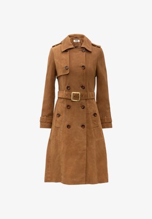 Brown suede double-breasted trench coat with button details, belted waist, flap pocket, and shoulder epaulets.
