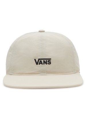 Casquette de baseball en tissu beige avec panneaux cousus et logo Vans noir centré au-dessus de la visière incurvée.