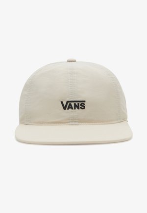 Beżowa materiałowa czapka baseballowa z przeszywanymi panelami i czarnym logo Vans umieszczonym na środku nad zakrzywionym daszkiem.