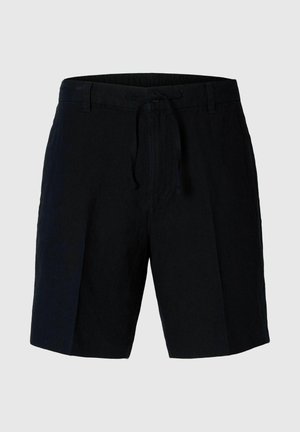 Black linen shorts with a drawstring waistband, featuring two front pockets and a relaxed fit, smooth texture, and tailored design.
