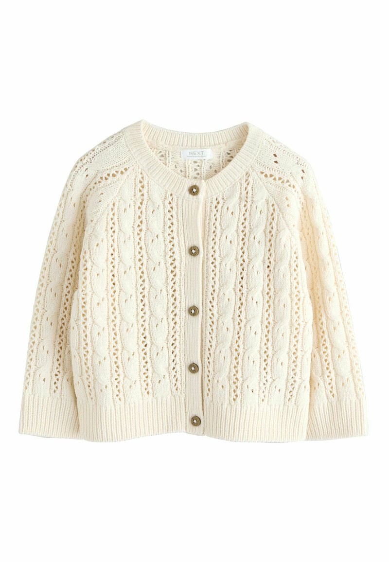 Cream knit cardigan featuring a textured pattern, round neckline, and five button closure with silver-toned buttons. Textured fabric throughout.