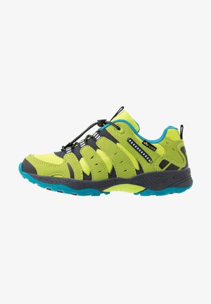 Lico athletic shoe featuring a bright lime green upper, black accents, turquoise sole, and adjustable lace system. Suitable for outdoor activities.