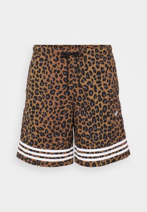 Shorts en imprimé léopard marron et noir avec des rayures blanches horizontales à l'ourlet et une taille ajustable avec un cordon de serrage.
