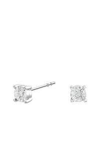 Srebrne kolczyki wkręty z okrągłymi, diamentowymi oszlifowaniami w czterech zębach, jeden kolczyk pokazany z sztyftem.