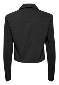 Schwarze kurz geschnittene Jacke mit langen Ärmeln und einem klassischen Kragen, von hinten auf einem weißen Hintergrund gezeigt.