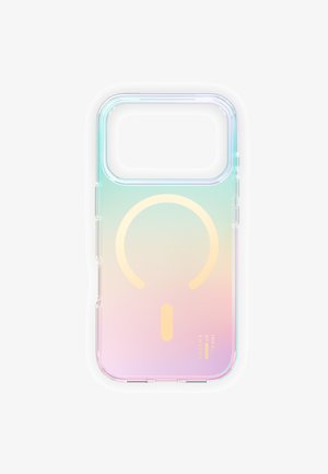 Transparente Handyhülle mit irisierendem pastellfarbenem Farbverlauf und goldenem, kreisförmigem magnetischem Ladesymbol, entwickelt für eine große Handykamera.