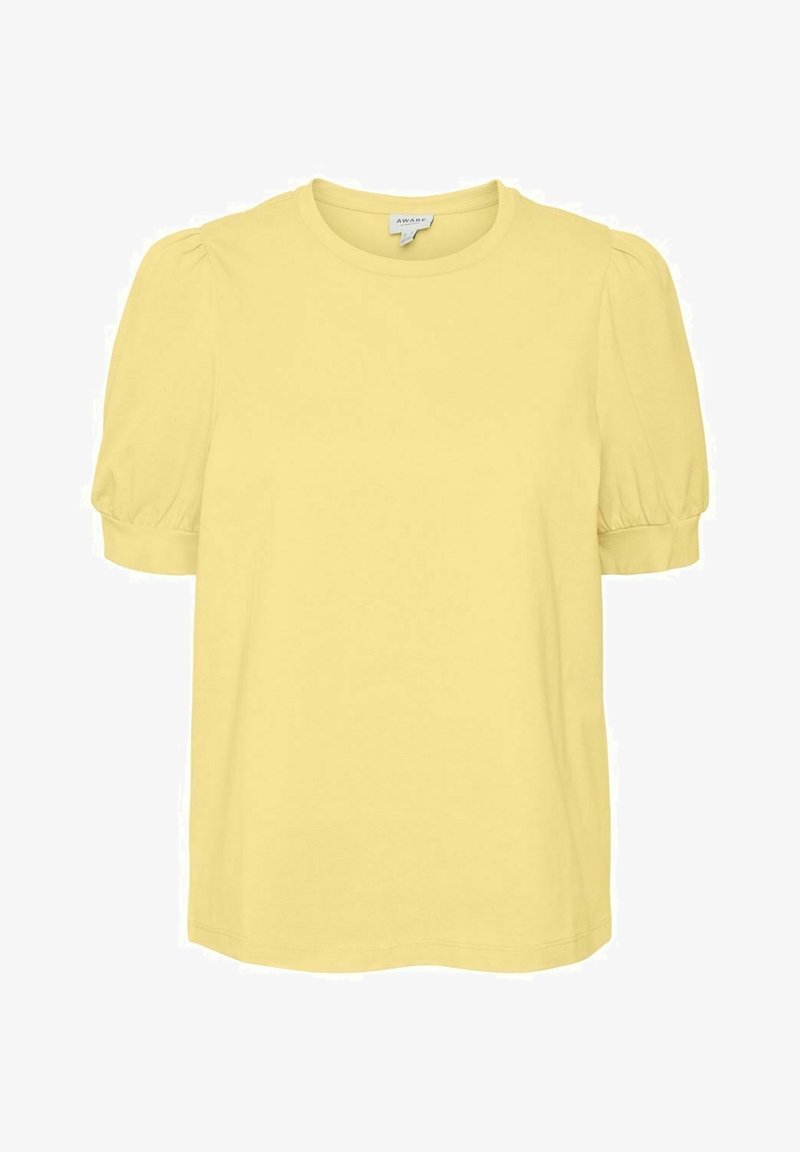Blouse jaune clair à manches courtes avec manches bouffantes et col rond.
