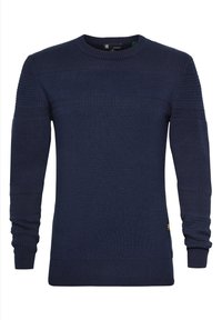 Marineblauer Pullover mit strukturiertem Strickmuster, Rundhalsausschnitt, langen Ärmeln sowie gerippten Bündchen und Saum. Mit horizontalen Steppnähten.