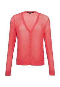 Leichter, offen gestrickter Cardigan in Koralle, mit V-Ausschnitt, langen Ärmeln und sechs Knöpfen vorne, sowie geripptem Saum und Bündchen.