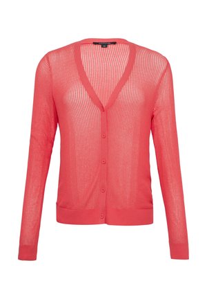 Lichte, opengehaakte cardigan in koraal, met een V-hals, lange mouwen en zes knopen aan de voorkant, afgewerkt met ribgebreide onderrand en manchetten.