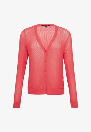 Leichter, offen gestrickter Cardigan in Koralle, mit V-Ausschnitt, langen Ärmeln und sechs Knöpfen vorne, sowie geripptem Saum und Bündchen.