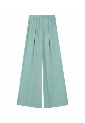 Pantalons larges vert clair en tissu lisse, dotés d'une taille élastique haute et d'un design plissé avec une silhouette fluide.