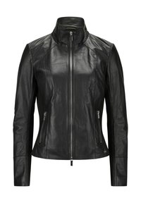Schwarze Lederjacke mit hohem Kragen, Frontreißverschluss und zwei Seitentaschen. Hat ein tailliertes Design und eine glatte Textur mit Schulternaht.