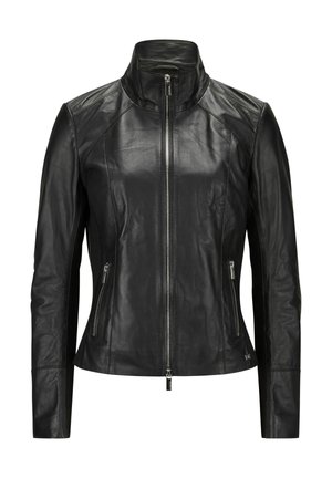 Schwarze Lederjacke mit hohem Kragen, Frontreißverschluss und zwei Seitentaschen. Hat ein tailliertes Design und eine glatte Textur mit Schulternaht.