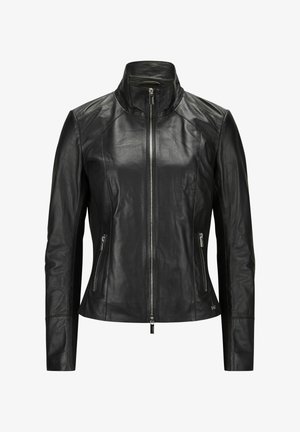 Black leather jacket with a high collar, front zipper, and two side pockets. Features fitted design and smooth texture with shoulder seams.