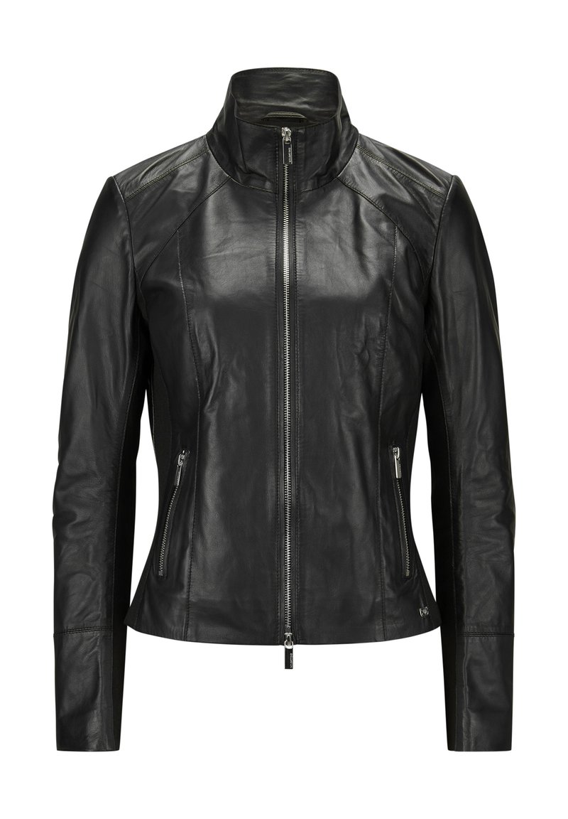 Schwarze Lederjacke mit hohem Kragen, Frontreißverschluss und zwei Seitentaschen. Hat ein tailliertes Design und eine glatte Textur mit Schulternaht.