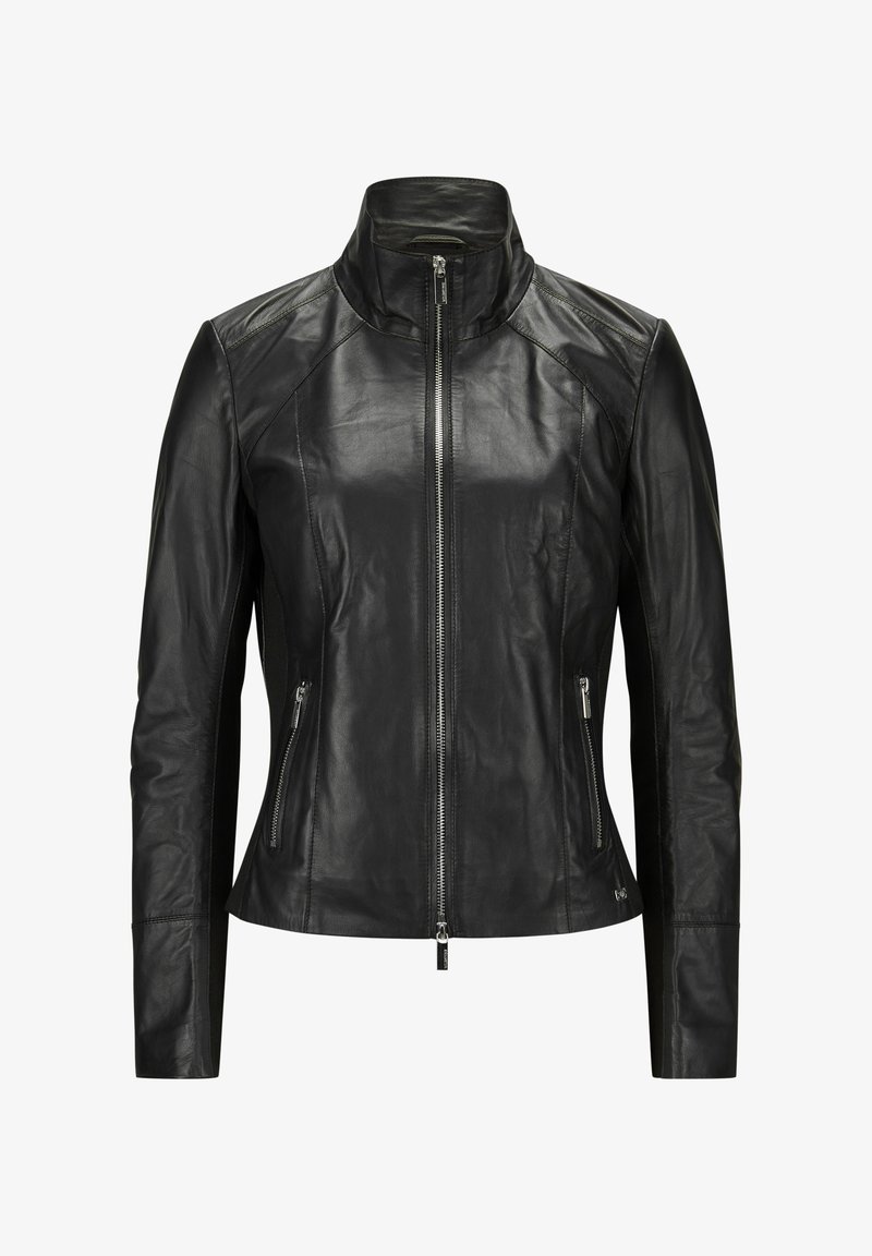 Schwarze Lederjacke mit hohem Kragen, Frontreißverschluss und zwei Seitentaschen. Hat ein tailliertes Design und eine glatte Textur mit Schulternaht.