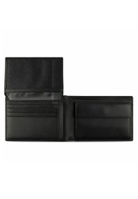 Black leather wallet with a bifold design, featuring multiple card slots and a larger compartment. Smooth texture and neatly stitched edges.