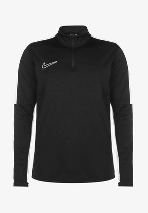 Czarna sportowa bluza z długim rękawem z białymi paskami na rękawach, suwakiem do ćwiartki długości oraz białym logo Nike swoosh na lewym piersi.