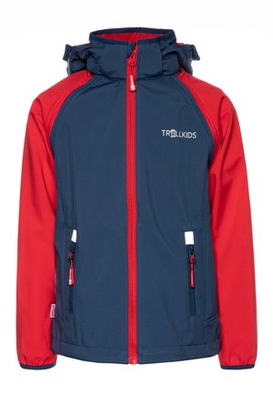 Children's jacket featuring a blue body with red sleeves, a zip front, hood, and two side pockets with red and navy zippers.
