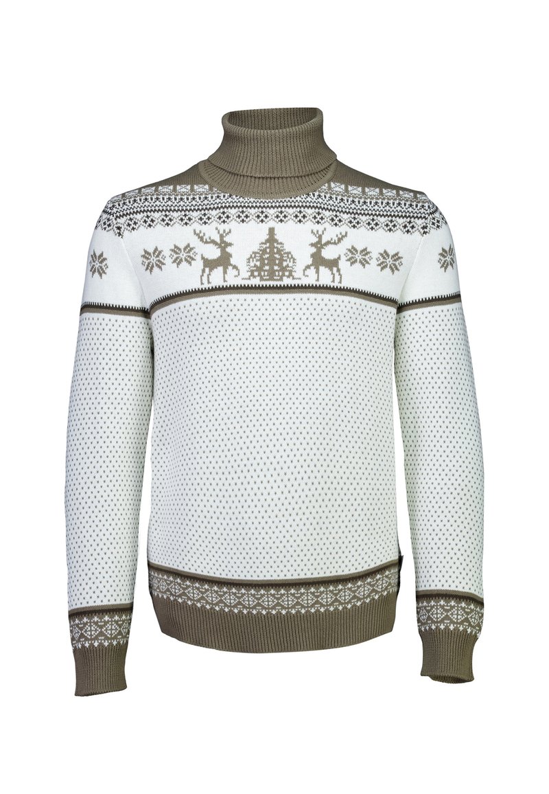 Pullover mit hohem Kragen, mit einem weißen Grundkörper, aufwendigen braunen Rentier- und Schneeflockenmuster und einem strukturierten Strickdesign.