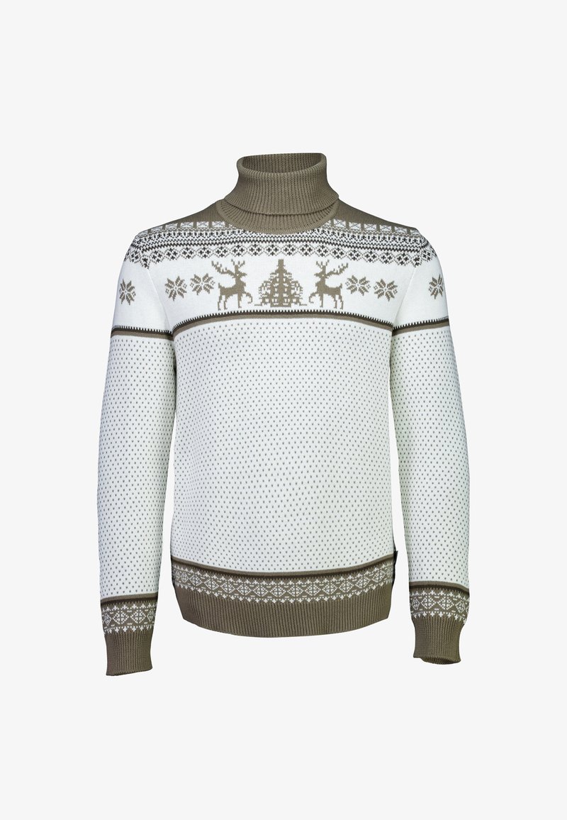 Pullover mit hohem Kragen, mit einem weißen Grundkörper, aufwendigen braunen Rentier- und Schneeflockenmuster und einem strukturierten Strickdesign.