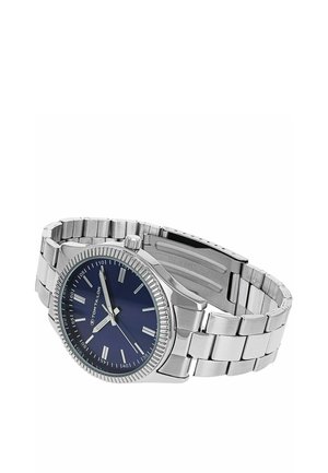 Silberne Metall-Armbanduhr mit blauem Zifferblatt, silbernen Stundenmarkierungen und einem verbundenen Metallarmband, zeigt die Zeit 8:55:40.