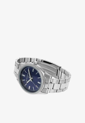 Silver metal wristwatch with a blue dial, silver hour markers, and a linked metal strap, showing time at 8:55:40.