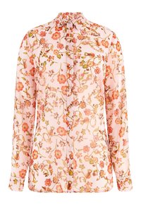 Blumenbluse, leichtes pinkes Gewebe, durchgehende Knopfleiste, lange Ärmel mit Manschetten, mit aufwendigen orangefarbenen und grünen Blumendrucken.