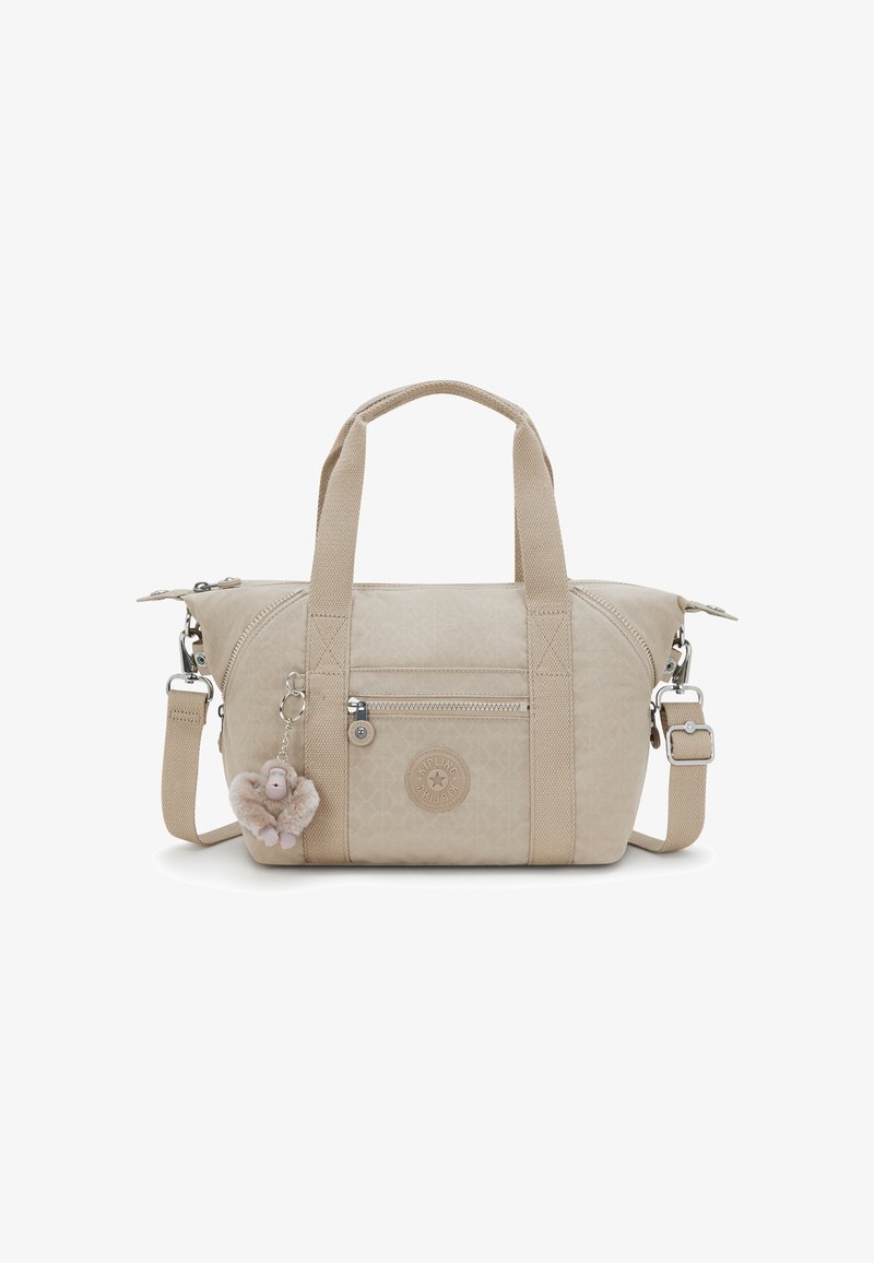 Borsa beige con doppi manici superiori e tracolla regolabile, caratterizzata da un motivo testurizzato, tasca frontale con zip e un charm a forma di scimmia morbida.