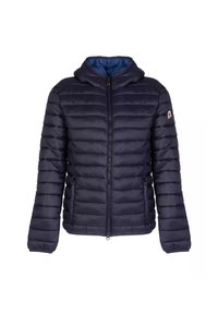Giacca a vento imbottita di colore blu navy, con zip frontale, cappuccio e design trapuntato. Realizzata in materiale leggero con dettaglio patch sulla manica.