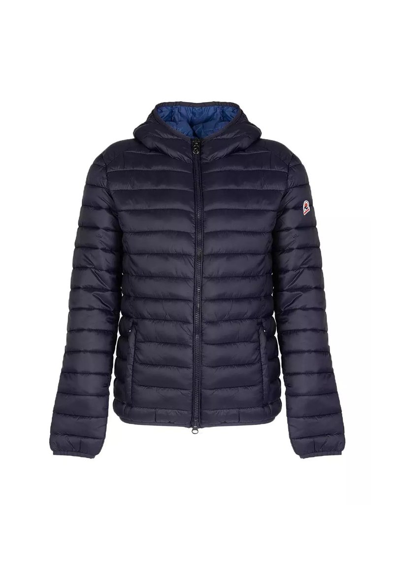 Giacca a vento imbottita di colore blu navy, con zip frontale, cappuccio e design trapuntato. Realizzata in materiale leggero con dettaglio patch sulla manica.