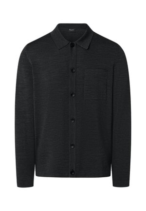 Cardigan grigio scuro realizzato in tessuto testurizzato, con colletto, bottoni frontali e tasca sul petto sinistro.