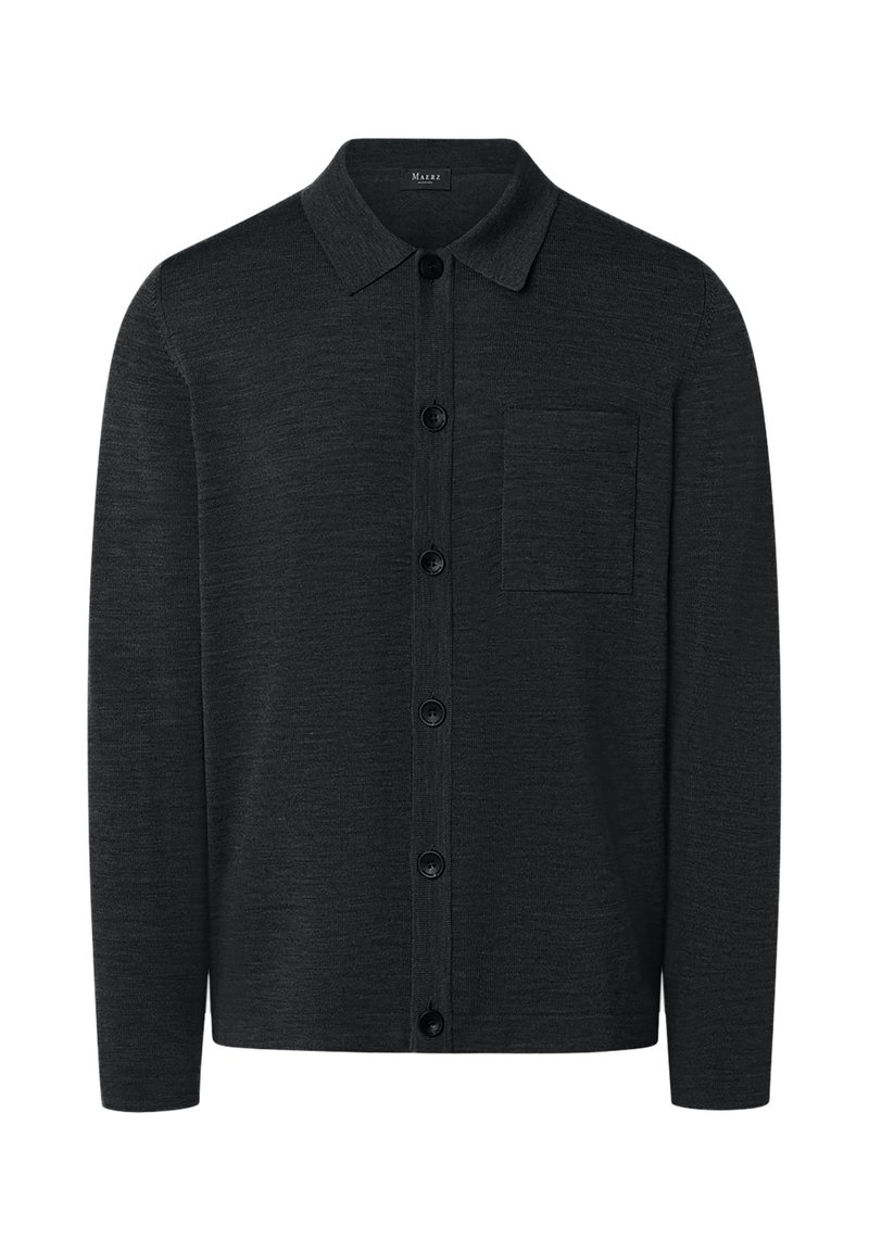 Mörkgrå kavaj gjord av texturerat tyg, med krage, framknäppning och en vänster bröstficka.