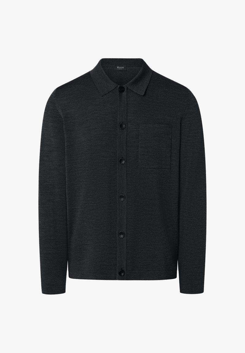 Mörkgrå kavaj gjord av texturerat tyg, med krage, framknäppning och en vänster bröstficka.