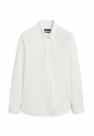 Weißes Langarm-Hemd mit durchgehender Knopfleiste, mit Button-Down-Kragen und Manschetten, vor weißem Hintergrund präsentiert.