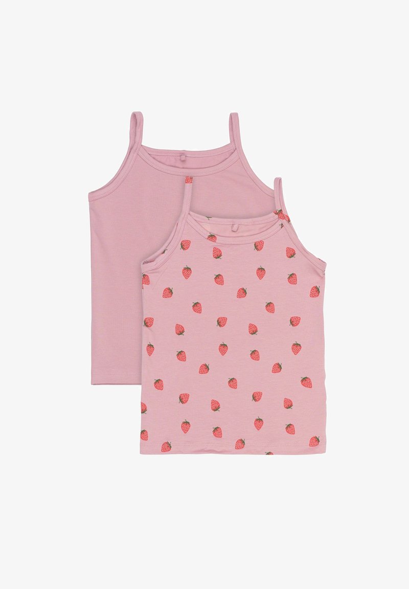 Divi rozā topi bez piedurknēm; viens viendabīgs, otrs ar mazu zemeņu rakstu. Abiem ir plānas siksnas un mīksta, viegla auduma.