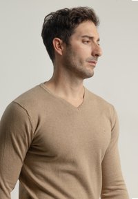 Suéter de punto suave color beige con escote en V. Presenta mangas largas y un pequeño logo en el pecho, que proporciona una forma ajustada.