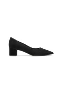 Décolleté neri in suede con tacco basso, punta affusolata e tacco a blocco. Il design presenta una texture liscia e una silhouette classica.