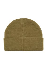 Gorro de punto en verde oliva, con un dobladillo doblado y un acabado suave y texturizado. El diseño es simple y se ajusta al cuerpo para proporcionar calidez.