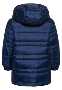 Dunkelblaues Daunenjacke mit Kapuze, mit einem gesteppten Design, elastischen Manschetten und einer glatten, glänzenden Oberfläche. Rückansicht angezeigt.