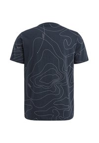 Navy blue t-shirt made of soft fabric featuring a white contour line design across the back, with a crew neckline and short sleeves.