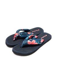 Chanclas azules con correas estampadas de flores, con acentos atados. Suela texturada con una suela exterior negra sólida. Logo de la marca visible.