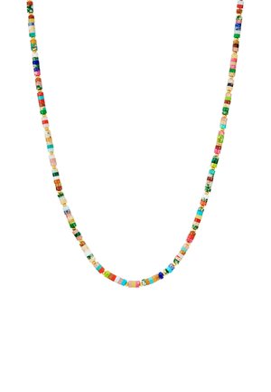 Collana di perline colorate realizzata con piccole perline quadrate di diversi colori, alternate con accenti dorati, caratterizzata da un design a strati e una superficie liscia.