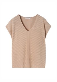 Top de punto acanalado beige con escote en V y mangas cortas, confeccionado en un tejido suave con un corte relajado y sutiles detalles de textura.