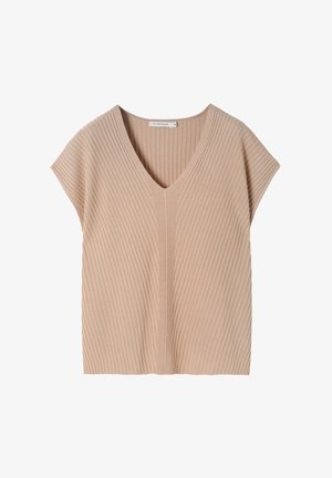 Top de punto acanalado beige con escote en V y mangas cortas, confeccionado en un tejido suave con un corte relajado y sutiles detalles de textura.