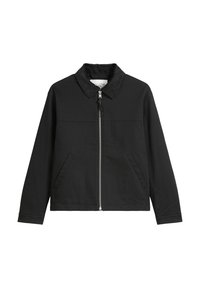 Schwarze Jacke aus glattem Stoff, mit Kragen, Reißverschluss und zwei Seitentaschen. Schlichtes Design mit gerader Silhouette.