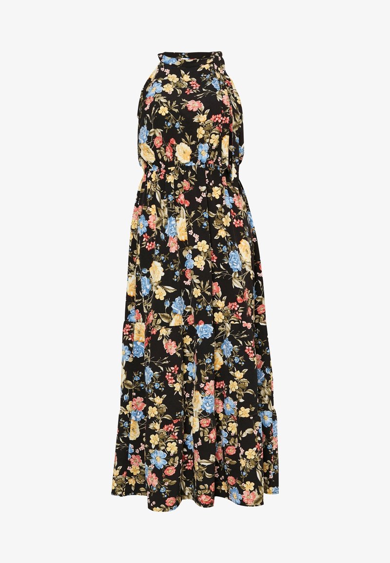 Černé maxi šaty bez rukávů s květinovým vzorem v růžové, žluté, modré a červené barvě, s vysokým výstřihem a staženým pasem.